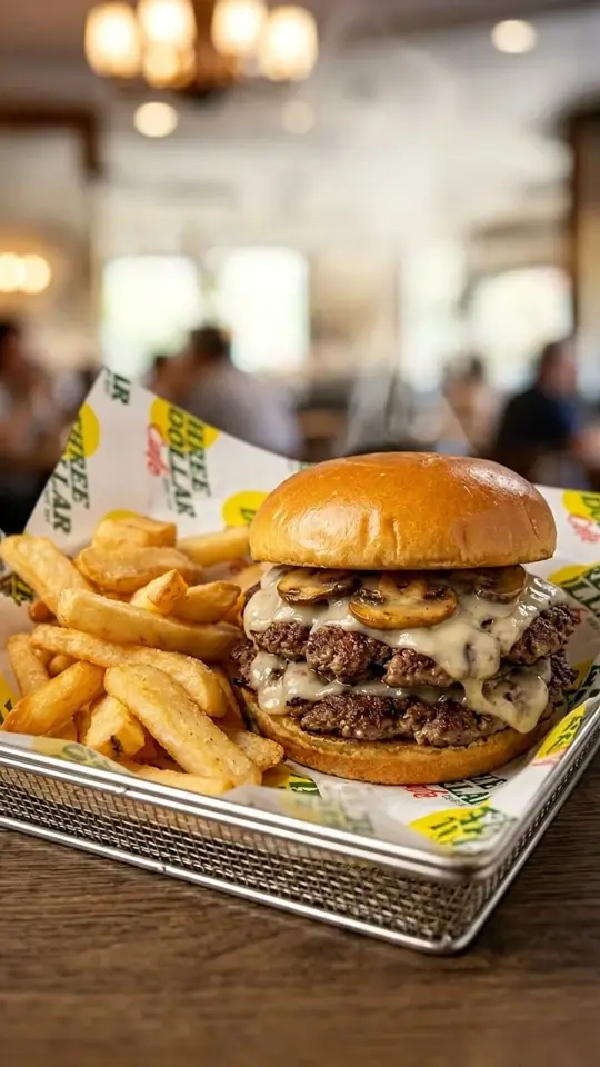 Three Dollar Cafe in Atlanta showing burger, mushroom swiss smash burger, fries, video by Three Dollar Cafe Main on Facebook