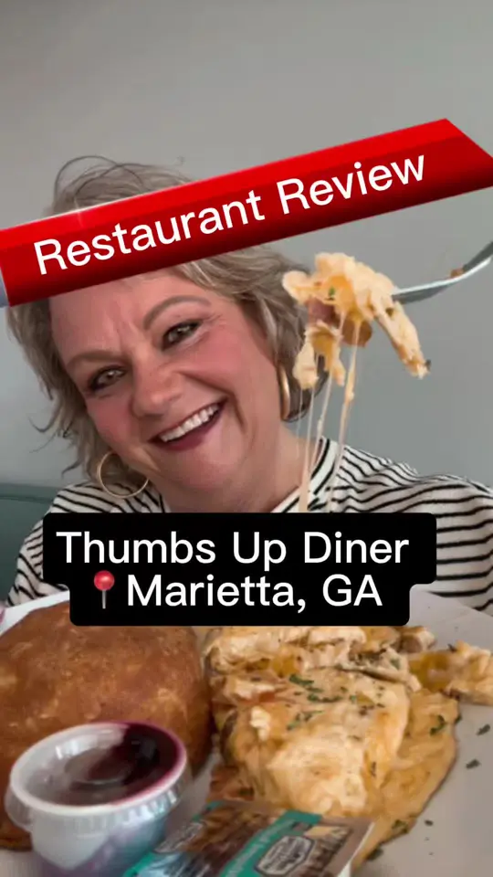 Thumbs Up Diner in Roswell showing review, visit, big portions, fluffy biscuits, creamy grits, diner vibe, video by chicagogirlsouthernworld on TikTok