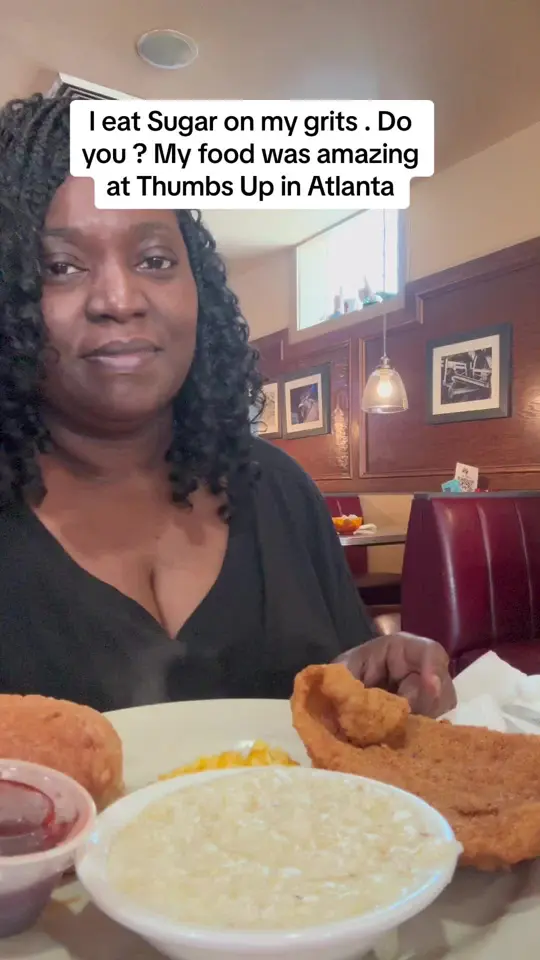 Thumbs Up Diner in Roswell showing food, catfish / food, grits and eggs / food, sugar grits, video by consquilla on TikTok