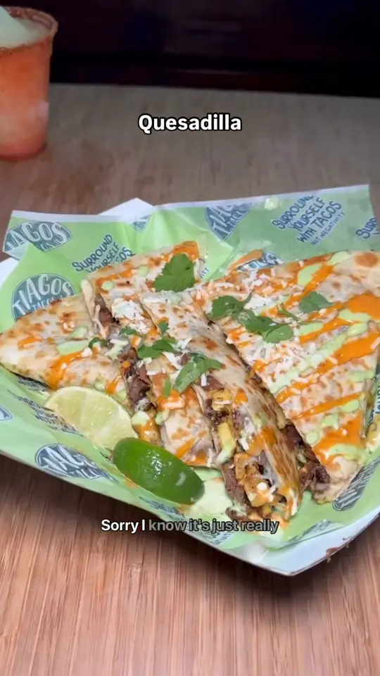 Tiagos Tacos in Miami showing restaurant review, casual dining, huge portions, great deals, crunch wrap, birria tacos, queso frito bites, quesadillas, taco box, margarita, video by Alexandra Martin on Facebook