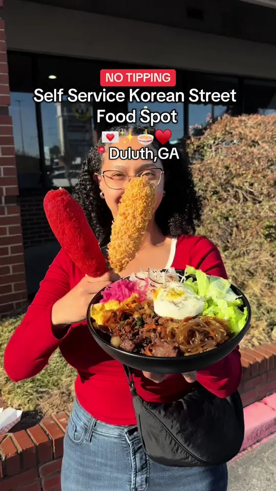 Tiger K CupBob in Duluth showing restaurant visit, korean street food, cupbop, korean corn dogs, chicken skewers, video by travelfoodie_ishy on TikTok