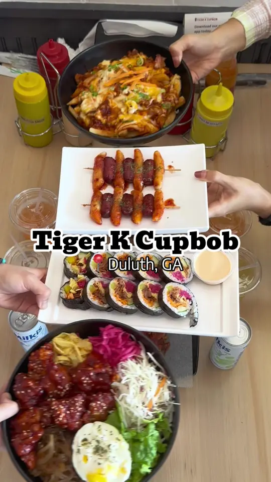 Tiger K CupBob in Duluth showing food review, crispy tofu cupbob, korean fried chicken cupbob, cheese spicy pork french fries, korean fried chicken, bulgogi beef gimbap, spicy pork gimb, video by atlanta_foodyyyyy on TikTok