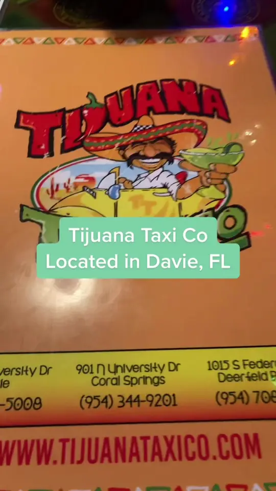 Tijuana Taxi Co in Davie showing food, tacos, drink specials, video by kweenie_4 on TikTok