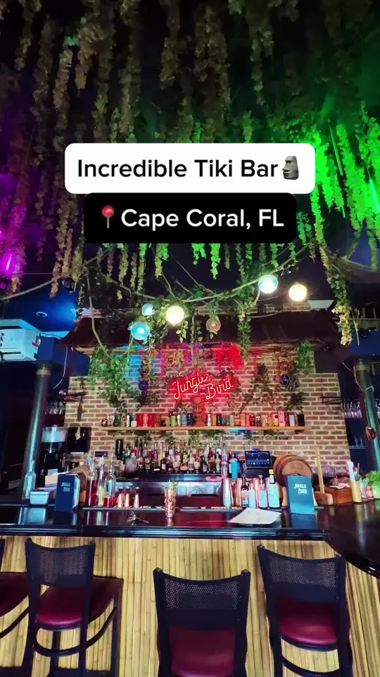 Tiki Bar in Kissimmee showing tiki bar, island vibes, tiki cups, bartender karen, video by thefloridaqueenie_ on TikTok