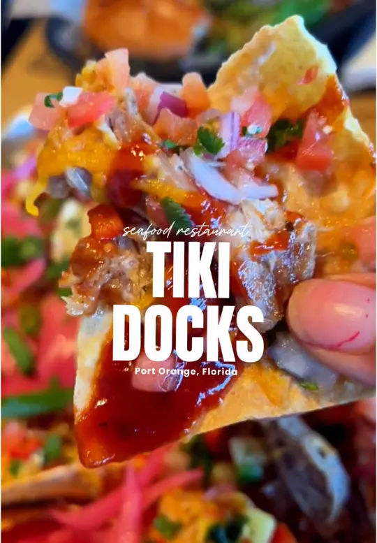 Tiki Docks Port Orange in Port Orange showing visit, review, food, peach bourbon wings, drinks, lava flow, hawaiian mai tai, video by boughetto.mk on TikTok