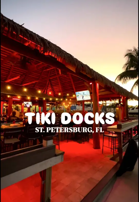 Tiki Docks Riverview in Riverview showing waterfront views, tropical eats and drinks, lobster rolls, fish tacos, cuban sandwiches, tropical cocktails, video by thingstodotampabay on TikTok
