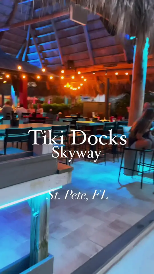 Tiki Docks Skyway in St. Petersburg showing restaurant, tiki-themed atmosphere, seafood, ribs, burgers, don the beachcomber cocktails, video by thingstodotampabay on TikTok