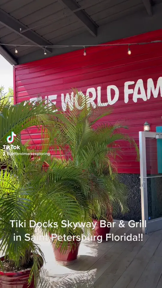 Tiki Docks Skyway in St. Petersburg showing tiki bar, outdoor seating, visit, video by Jeff and Mark Exploring on Facebook