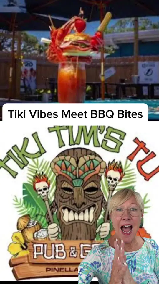 Tiki Tim’S Pub And Grill in St. Petersburg showing new restaurant opening, backyard-style venue, smoked meats, different menu, video by kimberlyfalker on TikTok