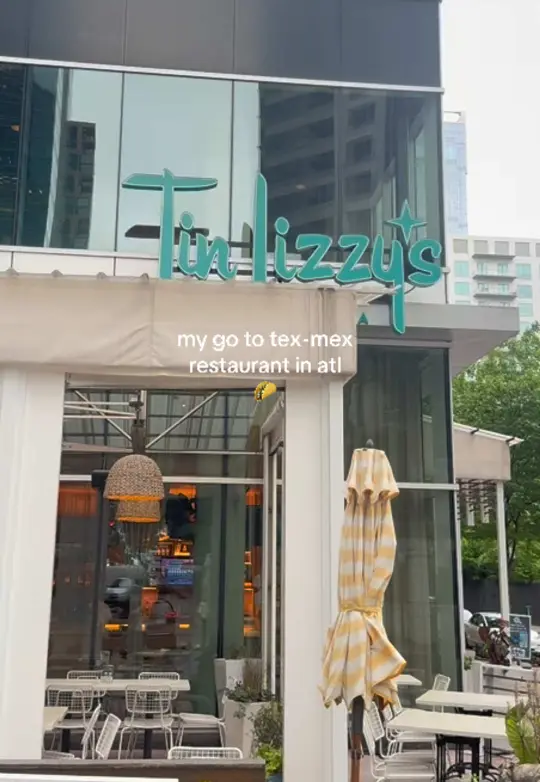 Tin Lizzy's Cantina in Kennesaw showing cocktail, margarita pitcher, happy hour, patio, atmosphere, video by ambermillice on TikTok