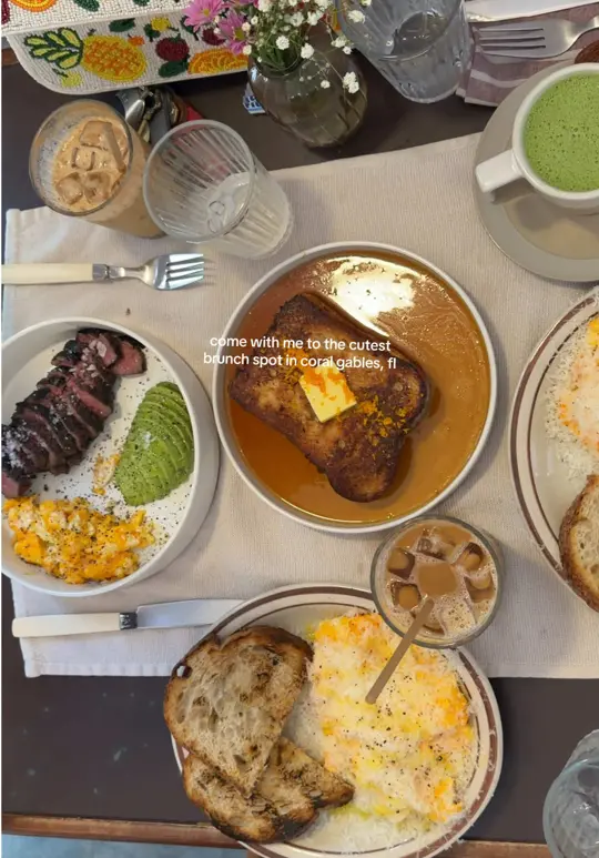 Tina in the Gables in Coral Gables showing food, tina's french toast / food, sunny side scrambled / food, steak and eggs / drink, hot matcha, video by skylerjaade on TikTok