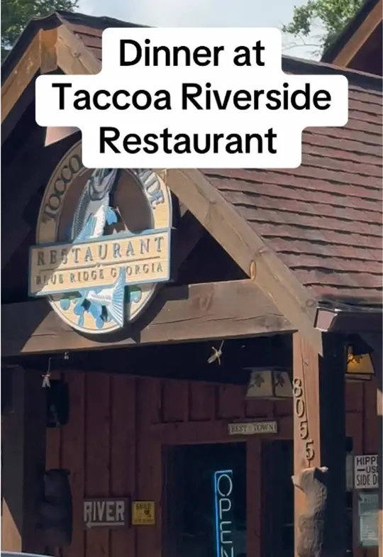 Toccoa Riverside Restaurant in Blue Ridge showing restaurant, riverside views, fresh seafood, steaks, famous trout, video by gummfamtravels on TikTok