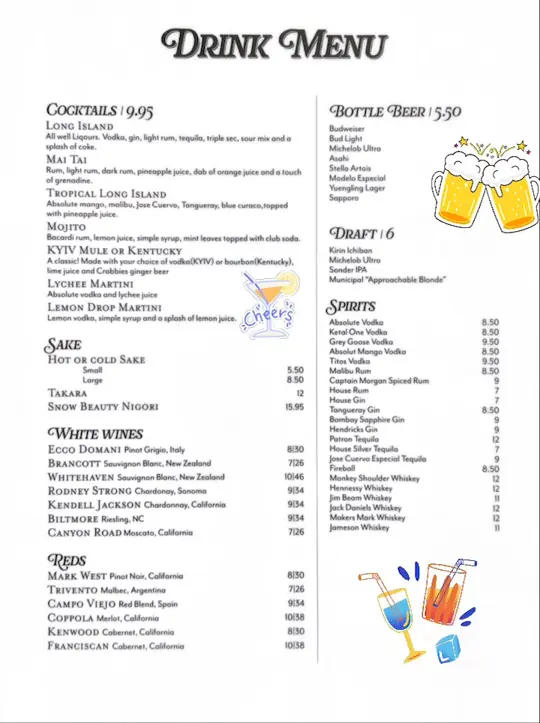 TOKI Japanese Steakhouse in Evans showing drinks, drink menu, video by Toki Japanese Steakhouse on Facebook