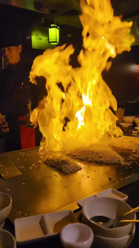 Tokyo Japanese Steakhouse in McDonough showing dinner, hibachi flames, miso soup, ginger salad, fried rice, lo mein, chicken, steak, shrimp, video by villagefoodtours on TikTok