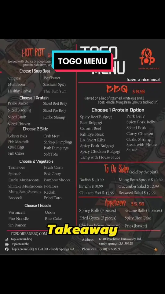 TOP KOREAN BBQ & HOT POT in Sandy Springs showing food, to-go menu, korean bbq, hot pot, video by top_korean_bbq on TikTok