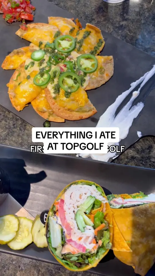 Topgolf Lake Mary in Lake Mary showing food, loaded nachos, turkey wraps, mac and cheese bites, french fries, fried cheese, video by morganchompz on TikTok