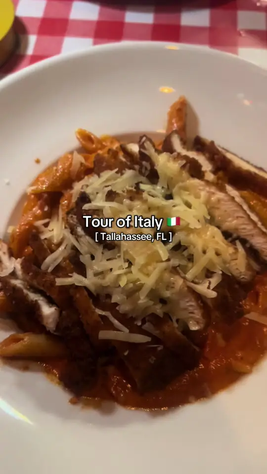 Tour of Italy in Tallahassee showing food review, penne alla vodka, video by amayapersephone on TikTok