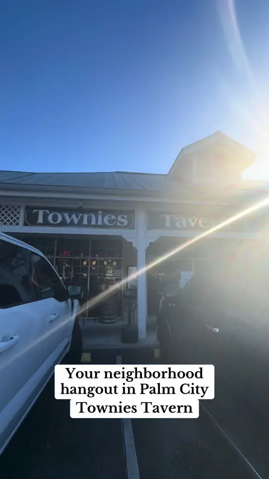 Townies Tavern in Palm City showing atmosphere, outdoor seating, center bar, sports, video by jillmillerestates on TikTok