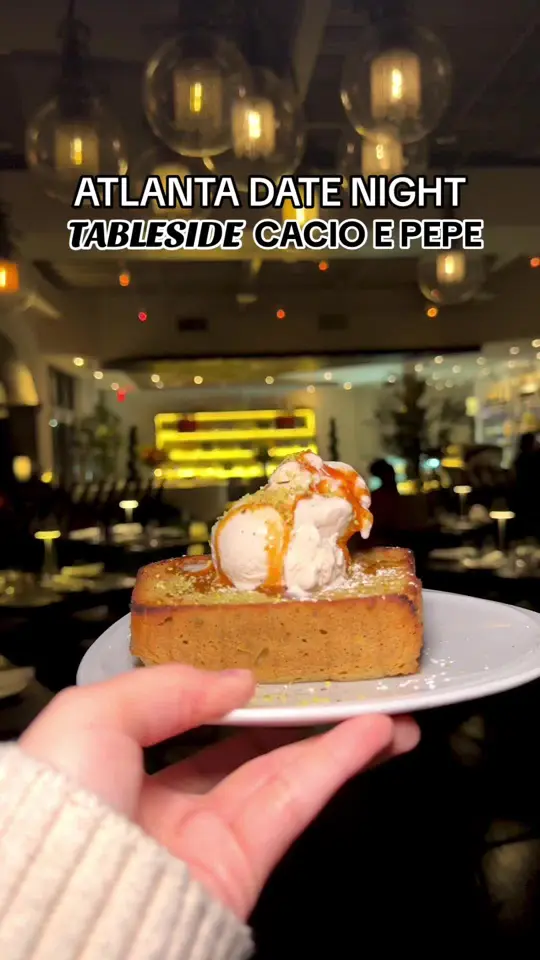 Tre Vele in Sandy Springs showing restaurant, tableside cheese wheel cacio e pepe, cannoli cheesecake, chocolate tart, video by atldessertguide on TikTok