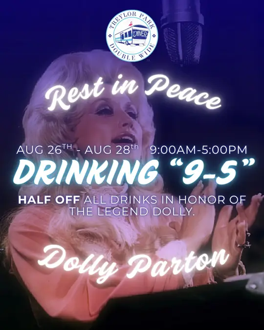 Treylor Park Double Wide Diner in Savannah showing event, half off drinks, dolly parton tribute, video by Double Wide Diner on Facebook