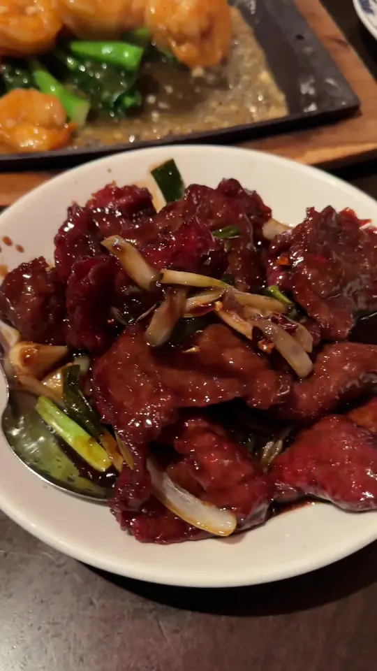 Tropical Chinese Restaurant in Miami showing restaurant visit, dim sum cart, mongolian beef, chicken spring rolls, spicy shrimp wontons, sizzling garlic prawns, vegetable fried rice, video by ahadsfoodchallenge on TikTok