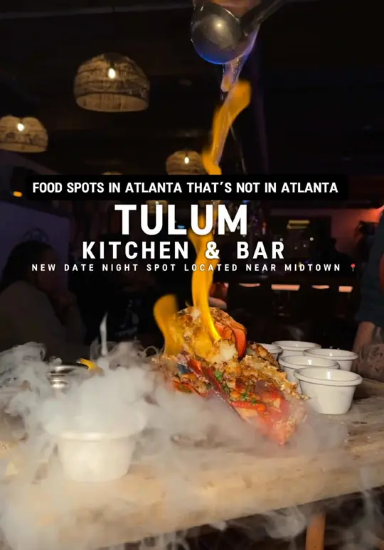 Tulum Kitchen and Bar in Atlanta showing review, date night special, champagne, appetizer, entree, dessert, video by _sunshineeats on TikTok