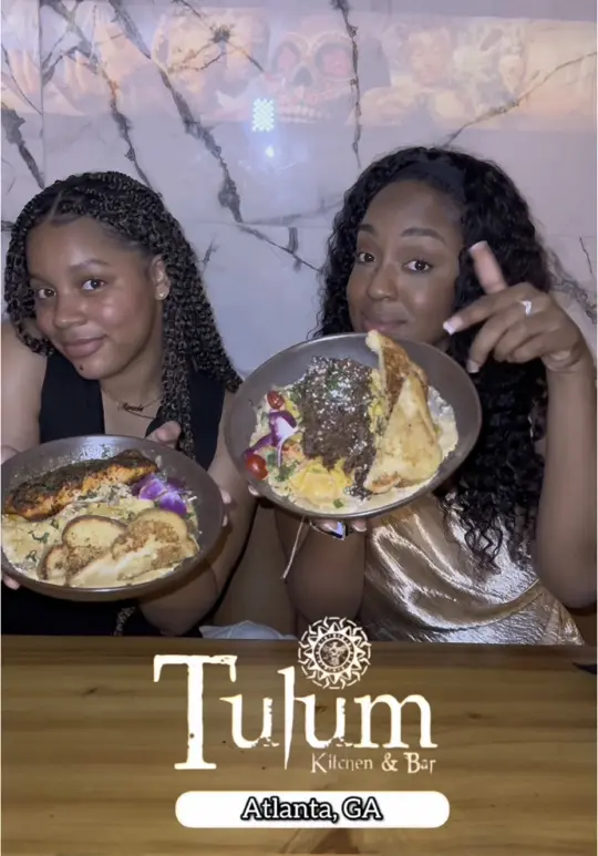 Tulum Kitchen and Bar in Atlanta showing review, shrimp fried egg rolls, oxtail pasta, salmon pasta, champagne flowers, video by itsallgatl on TikTok