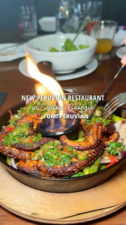 Tumi Peruvian in Canton showing restaurant visit, ceviche, causa, chaufa, lomo saltado, margaritas, live music, salsa dancing, video by Explore Canton GA on Facebook