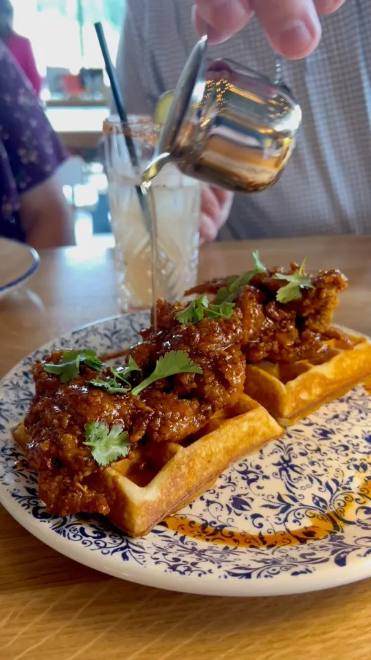 Tupelo Honey Southern Kitchen & Bar in Gainesville showing review, visit, fried green tomatoes, chicken & waffles, video by Explore Gainesville on Facebook