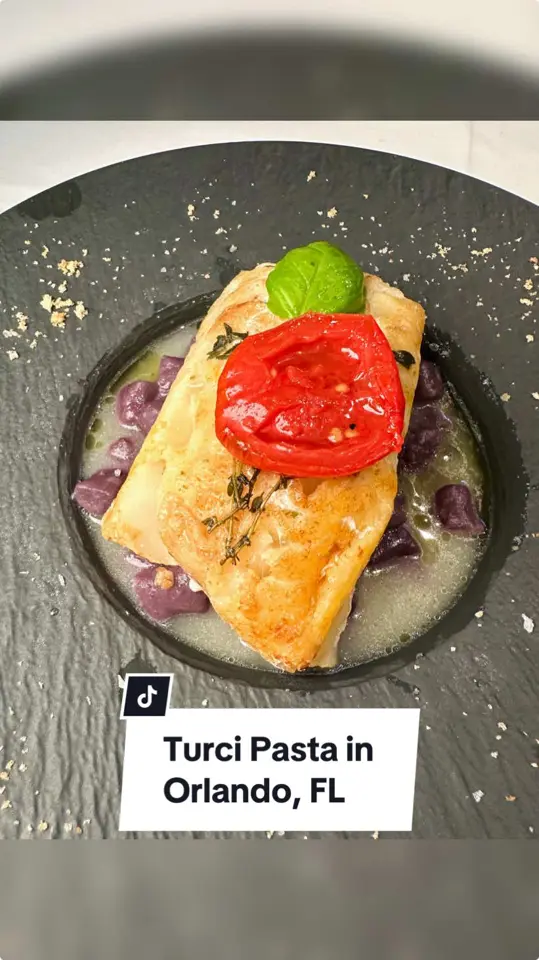 Turci Pasta in Orlando showing review, burrata, truffle honey bruschetta, purple sweet potato stuffed gnocchi, lasagna, tiramisu, nutella cheesecake, video by christinainitalia on TikTok