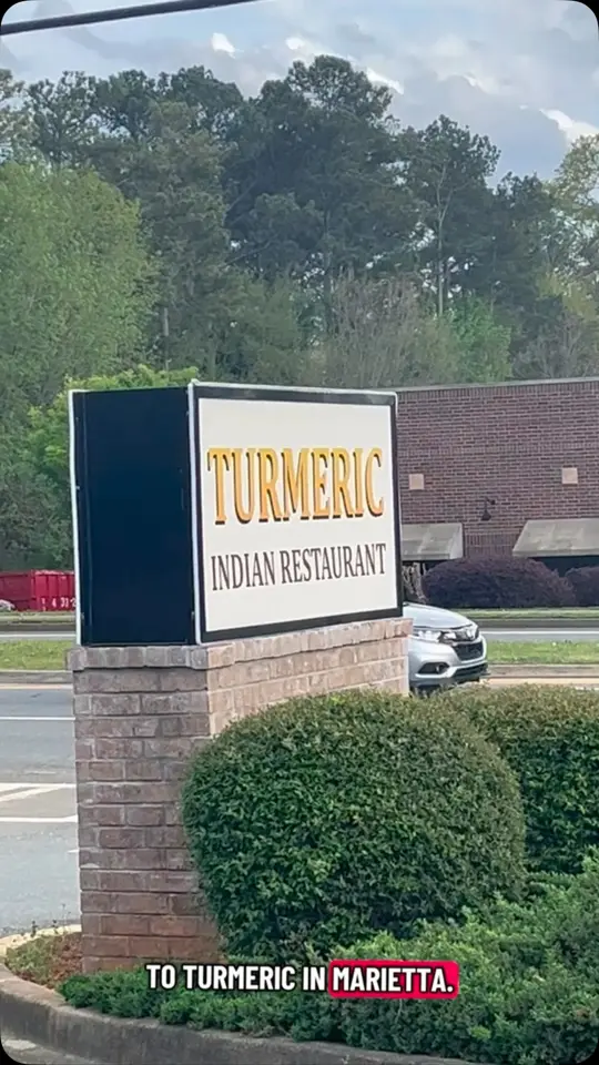 Turmeric Indian Restaurant in Marietta showing review, shrimp korma, tandoori shrimp, garlic naan, video by merryinmarietta on Facebook