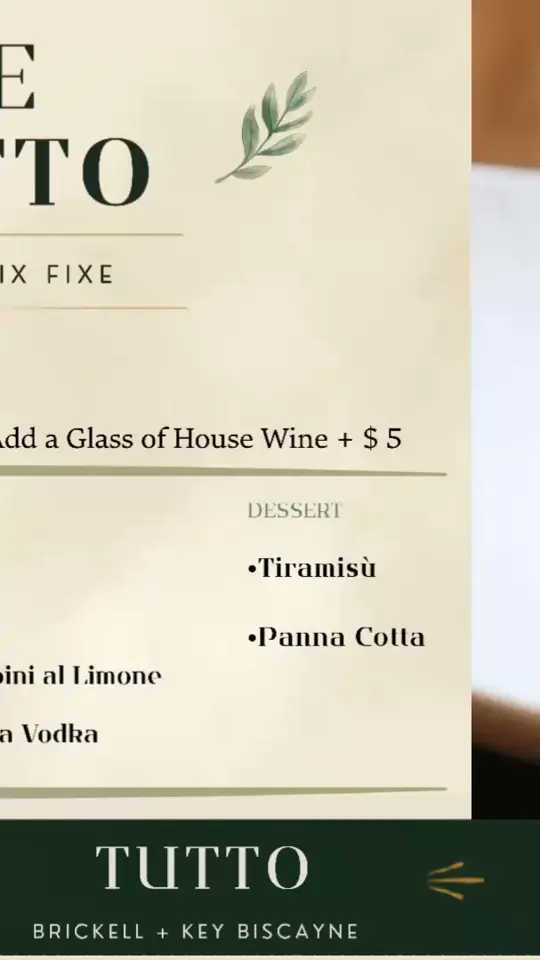 Tutto Pasta in Miami showing dinner, prix fixe menu, house wine, italian dining experience, video by Tutto Pasta on Facebook