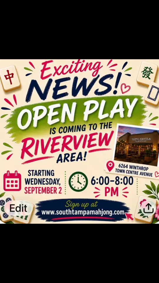 Tutto Tavola in Riverview showing mahjong, food, drinks, video by South Tampa Mahjong on Facebook