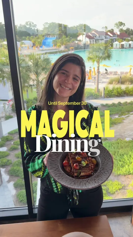 Twin View Restaurant at Evermore Resort in Orlando showing restaurant, lagoon, landscaping, sunset views, 3-course menu, pork belly, beets, burrata, crab, mushroom, video by letstrythisconchanti on TikTok