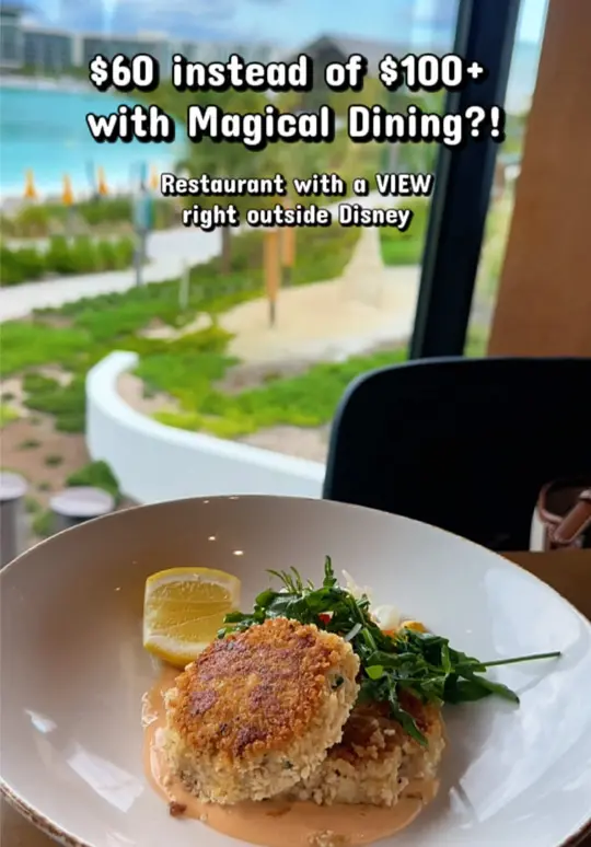 Twin View Restaurant at Evermore Resort in Orlando showing dinner, wagyu ny strip, crab cake, dessert, view, video by printismyname on TikTok