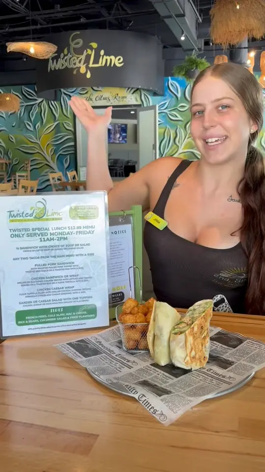  in Florida showing restaurant, lunch menu, $12.99 lunch menu, video by The Twisted Lime Restaurant & Bar on Facebook