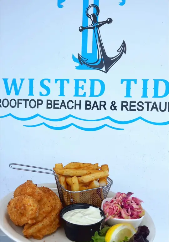 Twisted Tides Rooftop Beach Bar & Restaurant in Cocoa Beach showing food, fried fish special, video by twistedtides321 on TikTok