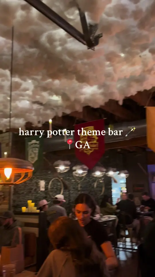 Two Birds Taphouse in Marietta showing drink, fire whiskey, drink, felix felicitas, food, pumpkin pasties, food, butterbeer, food, chocolate frogs, food, leaky cauldron beef stew, video by magicmythsandlegends on TikTok
