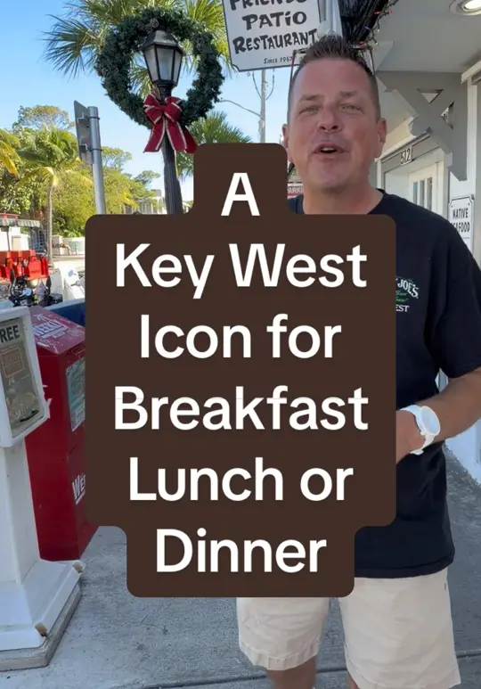 Two Friends Patio Restaurant in Key West showing breakfast, eggs, bacon, pancakes, belgian waffle, live music, video by keywestshawn on TikTok