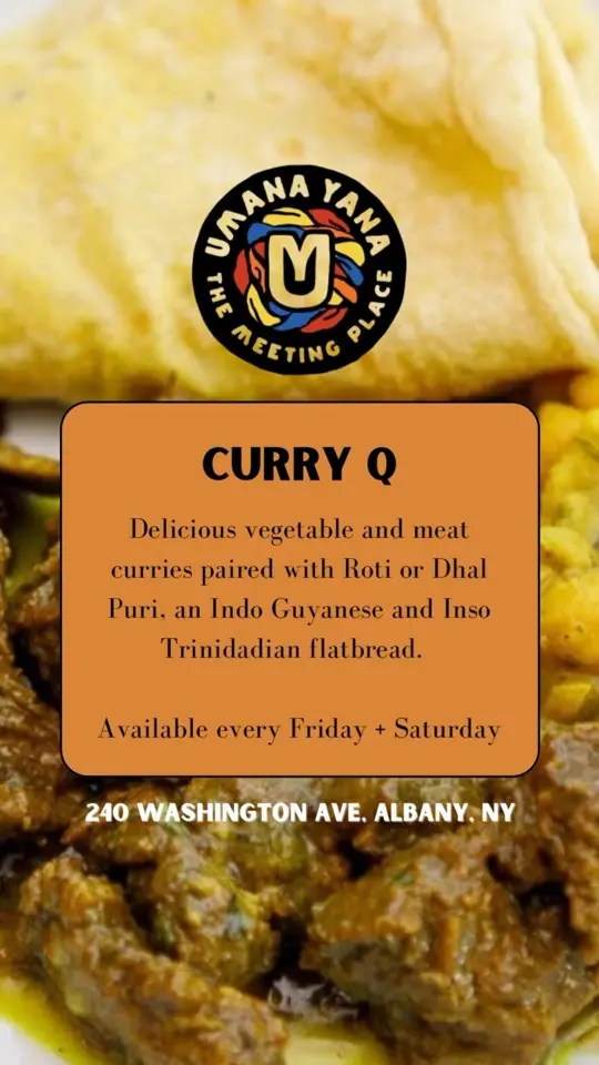 Umana Yana in Albany showing food, curry, food, roti, video by Umana Yana on Facebook