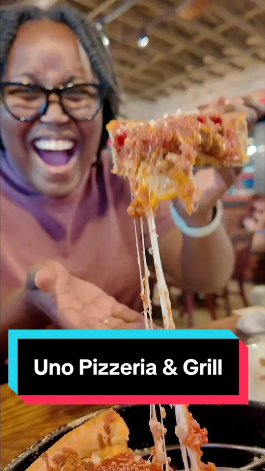 Uno Pizzeria & Grill in Orlando showing pizza, deep dish pizza, wings, bourbon bbq wings, sundaes, tiramisu, cookie dessert, video by expeditionwatson on TikTok