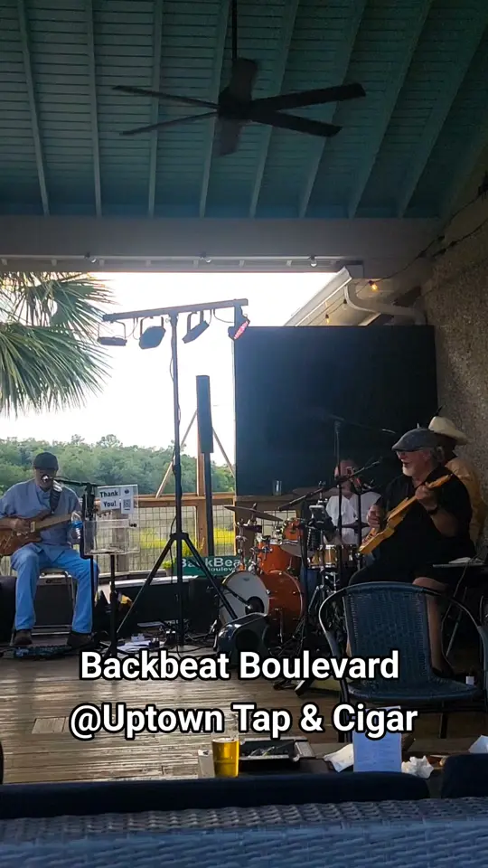 Uptown Tap & Cigar in St Simons Island showing live music, backbeat boulevard, your moms favorite band, last call band, video by Jennifer Koerner on Facebook