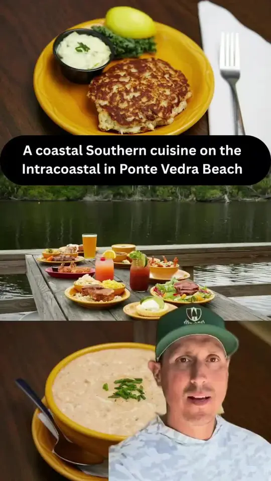 Valley Smoke Restaurant in Ponte Vedra Beach showing review, coastal southern cuisine, crab cakes, shrimp and grits, fresh seafood, waterfront views, video by retiremetoflorida on TikTok