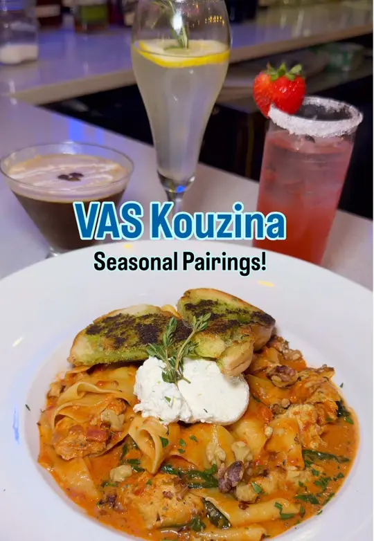 VAS Kouzina in Roswell showing review, classic spreads, rich cheese selections, meze, squid ink linguini with shrimp and scallops, chicken spanaki, video by servinglooksatl on TikTok