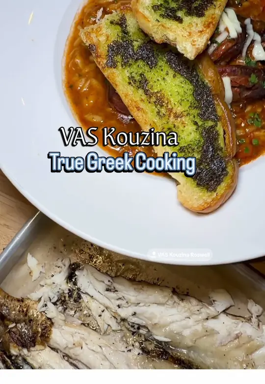 VAS Kouzina in Roswell showing restaurant visit, saganaki flaming cheese, cheese trio, spreads, assorted olives, true greek salad, video by servinglooksatl on TikTok