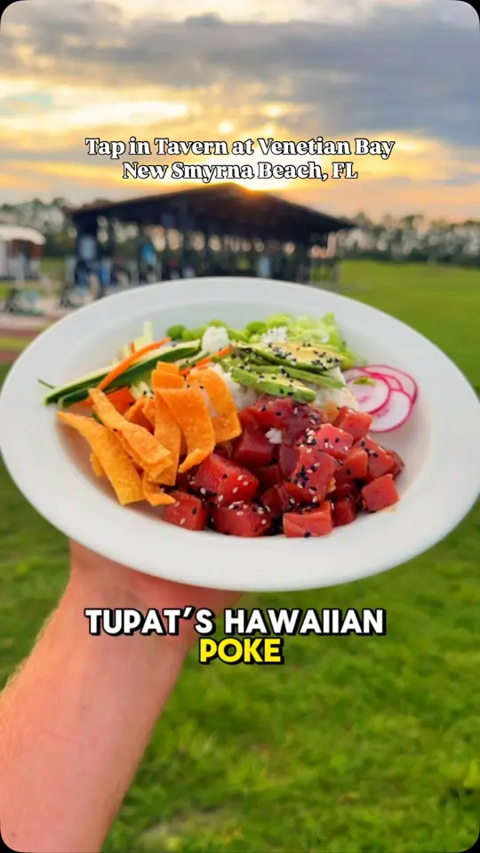 Venetian Bay Bar & Grill in New Smyrna Beach showing food, poke bowl, tupat’s hawaiian poke wings, review, visit, video by Jeremy Johnston on Facebook
