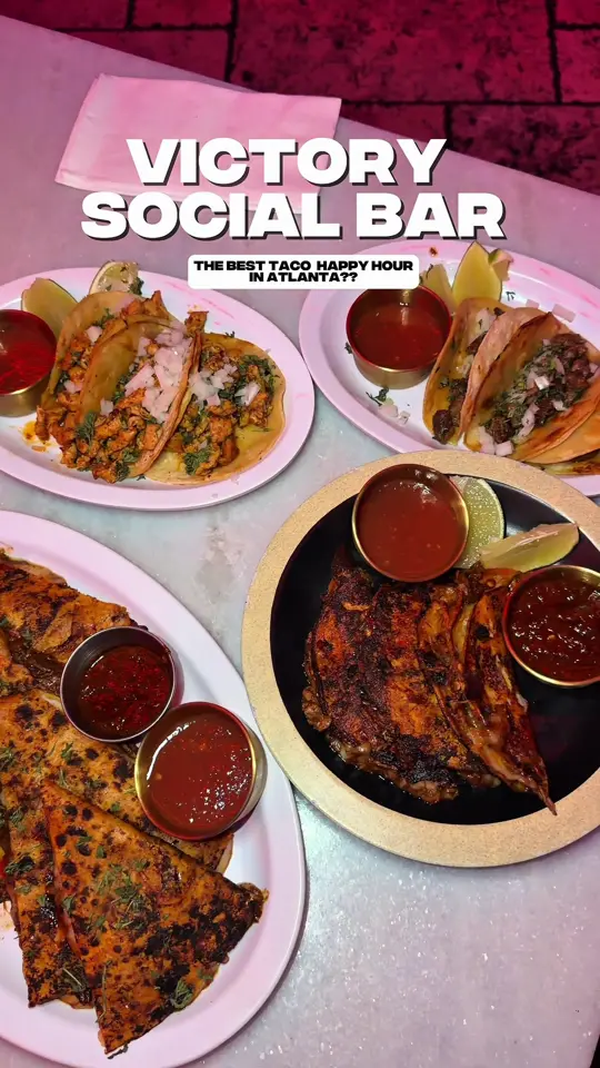 Victory Social Bar in Atlanta showing food, chicken tacos, shrimp tacos, steak tacos, birria tacos, drinks, specialty drinks, video by vibesinatl on TikTok