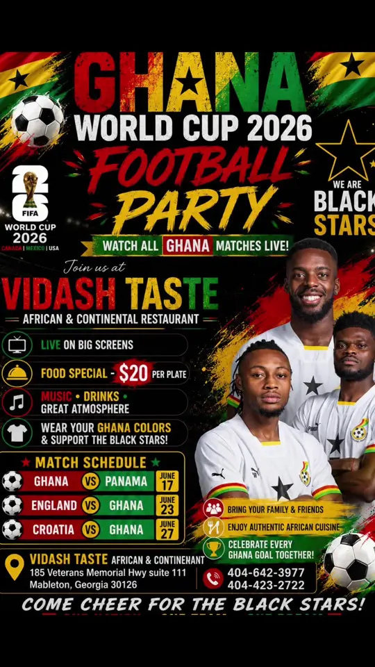 Vidash Taste African and Continental Restaurant in Mableton showing event, watch party, food, $20 per plate, video by vidashtaste7 on TikTok