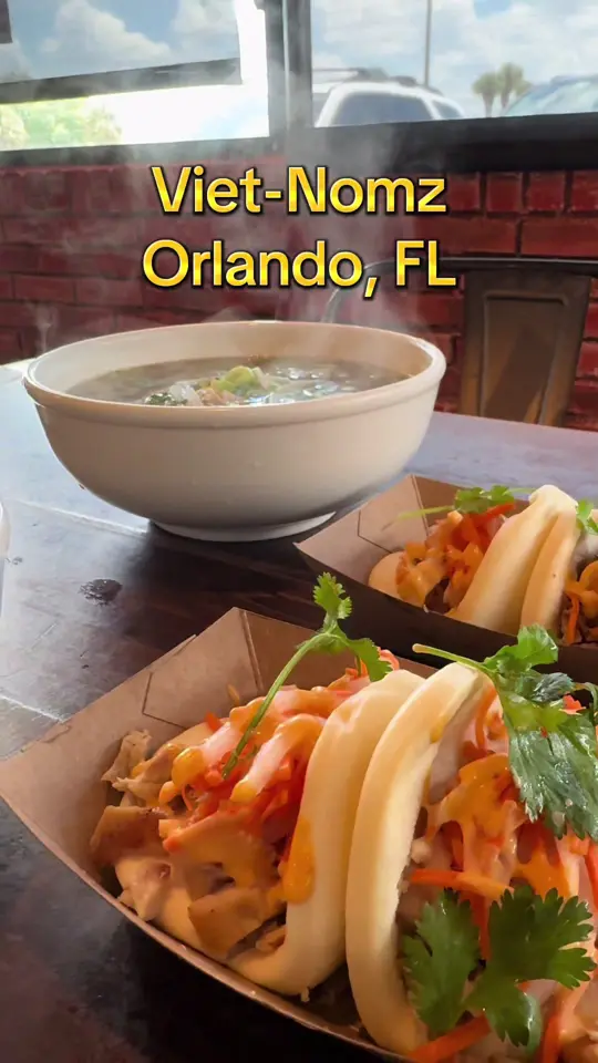 Viet-Nomz Waterford in Orlando showing pho, banh mi, bao buns, vietnamese food, video by sunshinestateselling on TikTok
