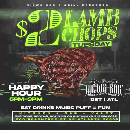 Views Bar and Grill Atlanta in Atlanta showing happy hour, $2 lamb chops, $2 tacos, video by Views Bar And Grill Atlanta on Facebook